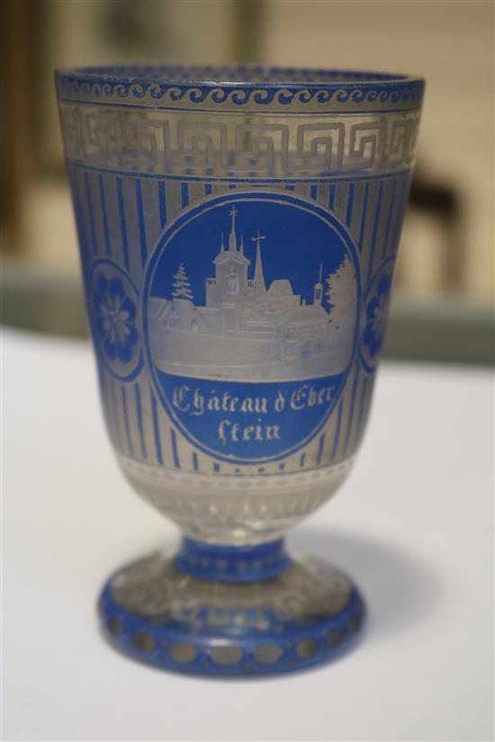 A Bohemian blue overlay glass goblet, c.1860, height 4in.